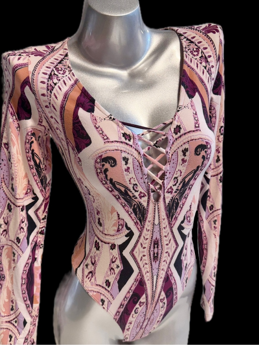 Free People purple paisley bodysuit one piece corset lace long sleeve floral xs